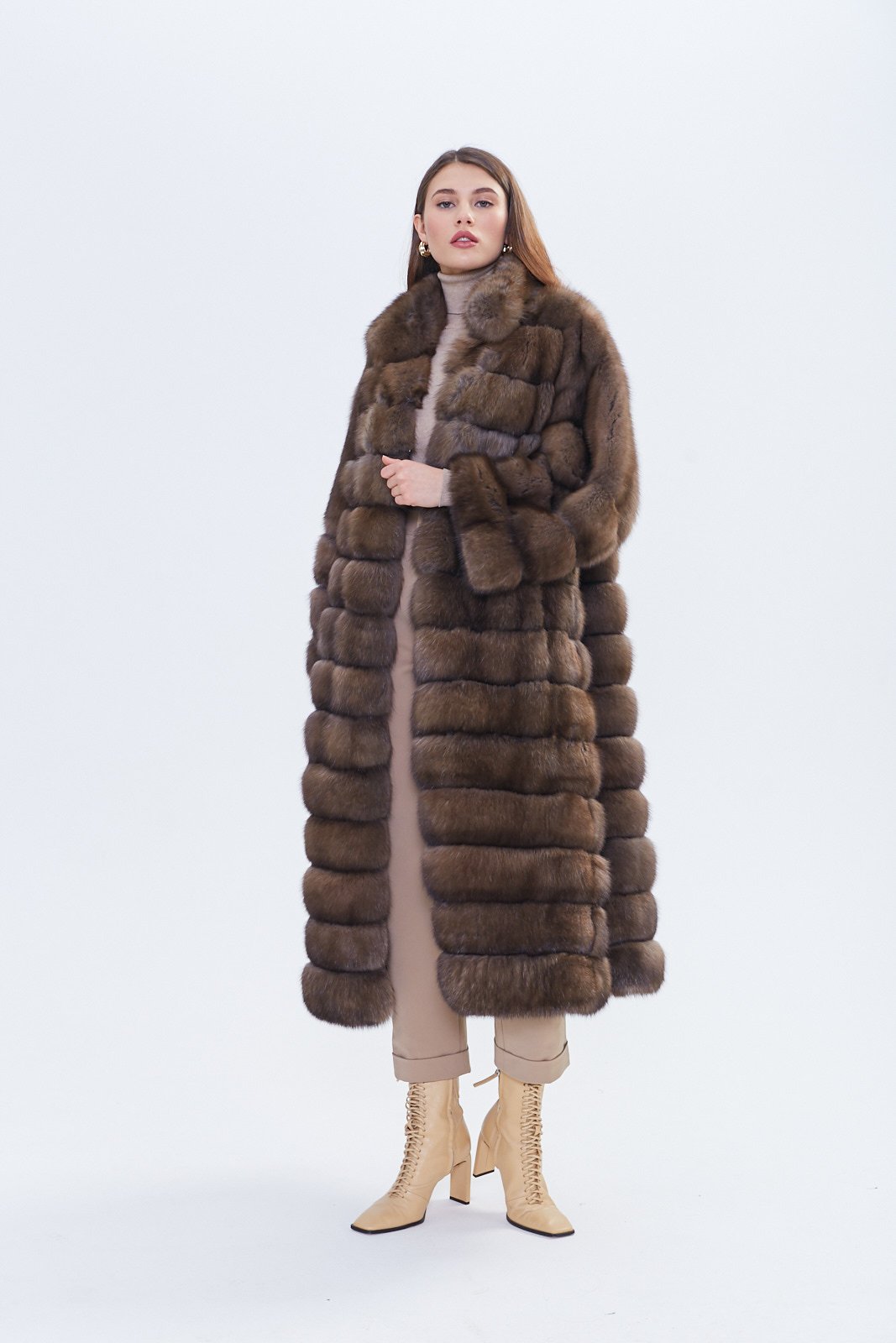 Luxury Chocolate Brown Russian Barguzin Sable Fur Coat handcrafted from premium natural Barguzin sable by ROYAL FURS