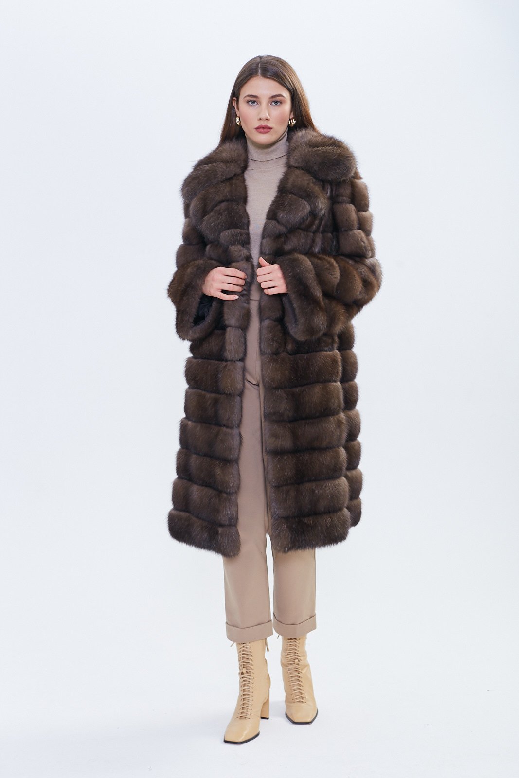 Full-length Chocolate Brown Russian Barguzin Sable Fur Coat handcrafted from genuine premium sable fur