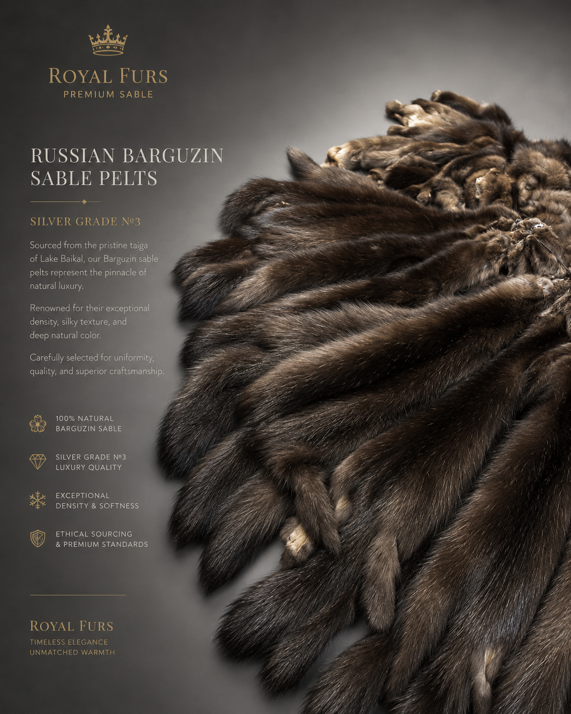 Premium Russian Barguzin sable pelts in natural dark chocolate color with silver highlights, carefully matched for luxury fur garments, bespoke tailoring, and wholesale orders.