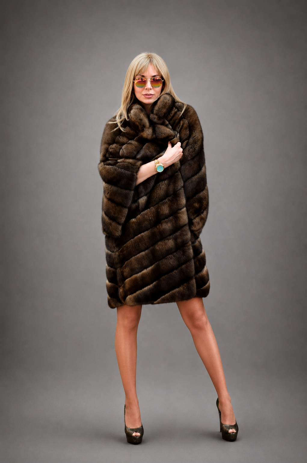 Luxury Russian Barguzin sable fur coat with elegant diagonal design handcrafted by Royal Furs.