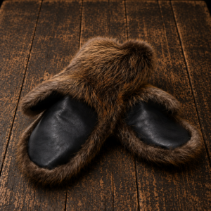 Long beaver fur mittens in natural brown fur with a long cuff, handcrafted luxury winter accessory.