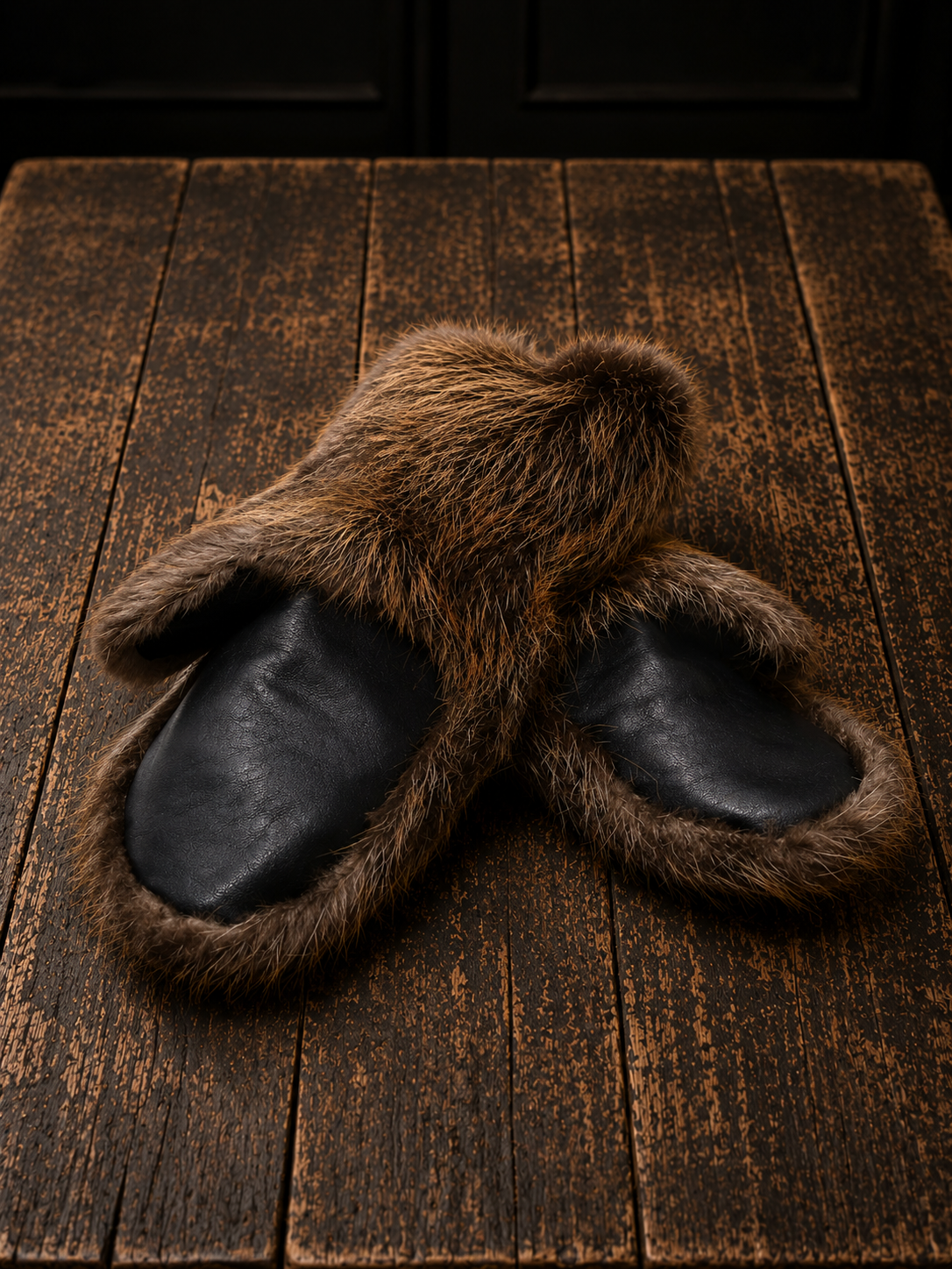 Long beaver fur mittens in natural brown fur with a long cuff, handcrafted luxury winter accessory.