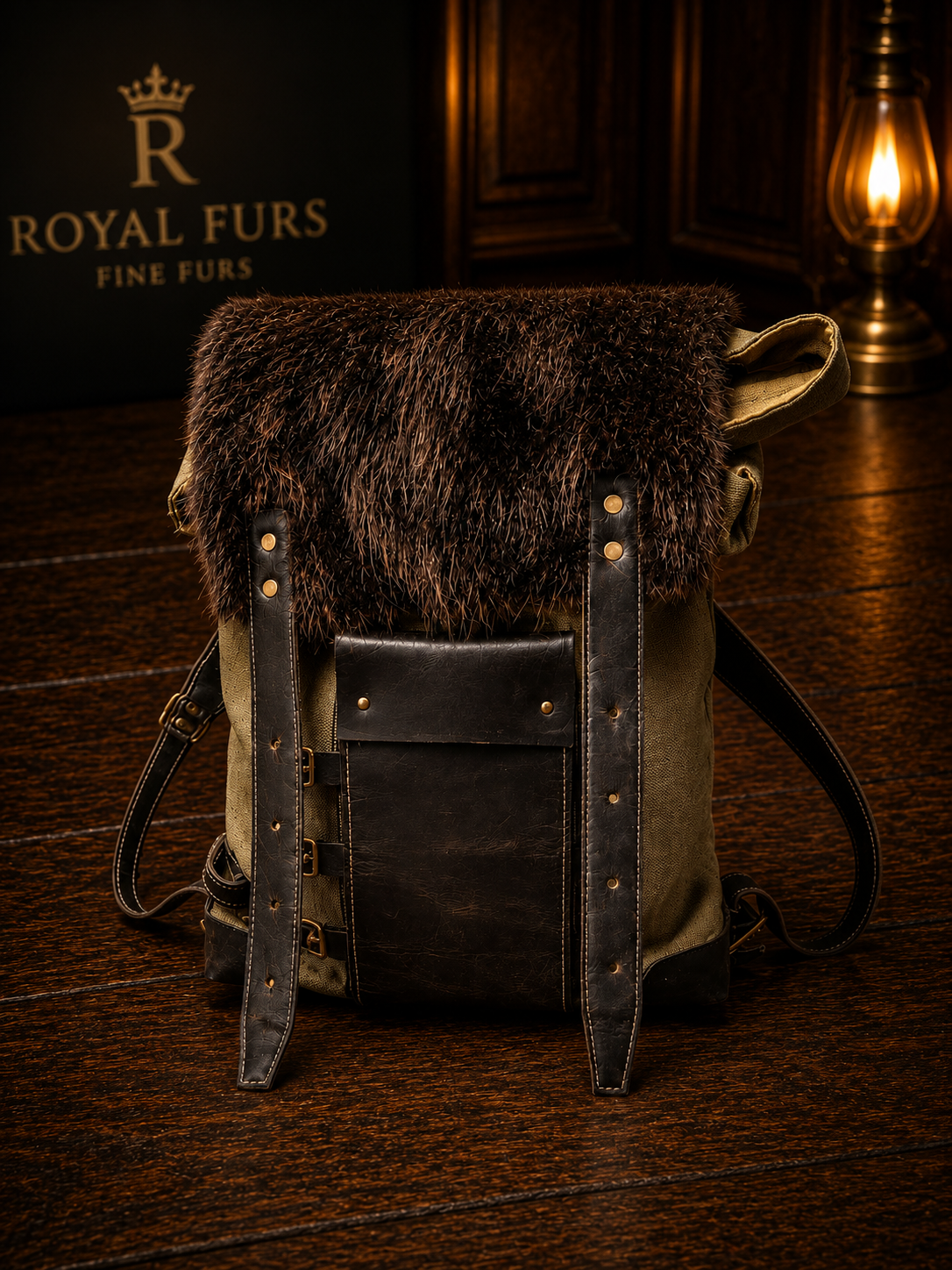 Handcrafted beaver fur backpack with waxed canvas body and full-grain leather details.