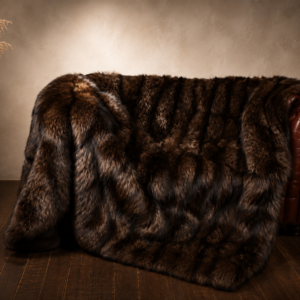 Luxury Chocolate Brown Fox Fur Blanket on a king size bed handcrafted from genuine fox fur