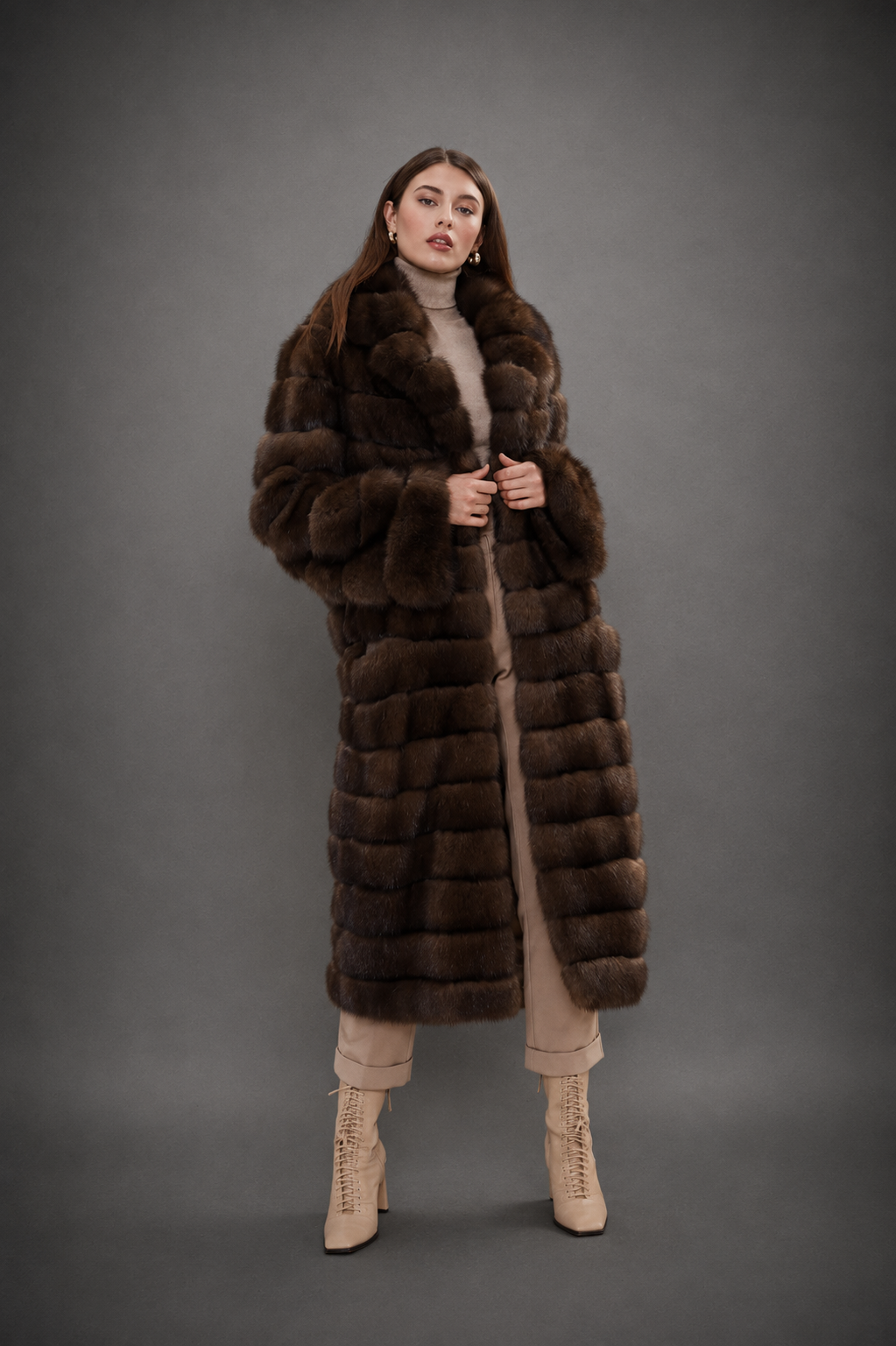 Full-length Chocolate Brown Russian Barguzin Sable Fur Coat handcrafted from genuine premium sable fur