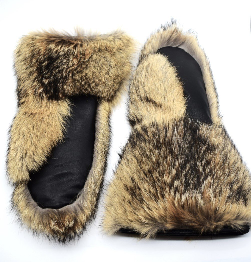 Long Coyote Fur Mittens with Leather Palms - Image 3