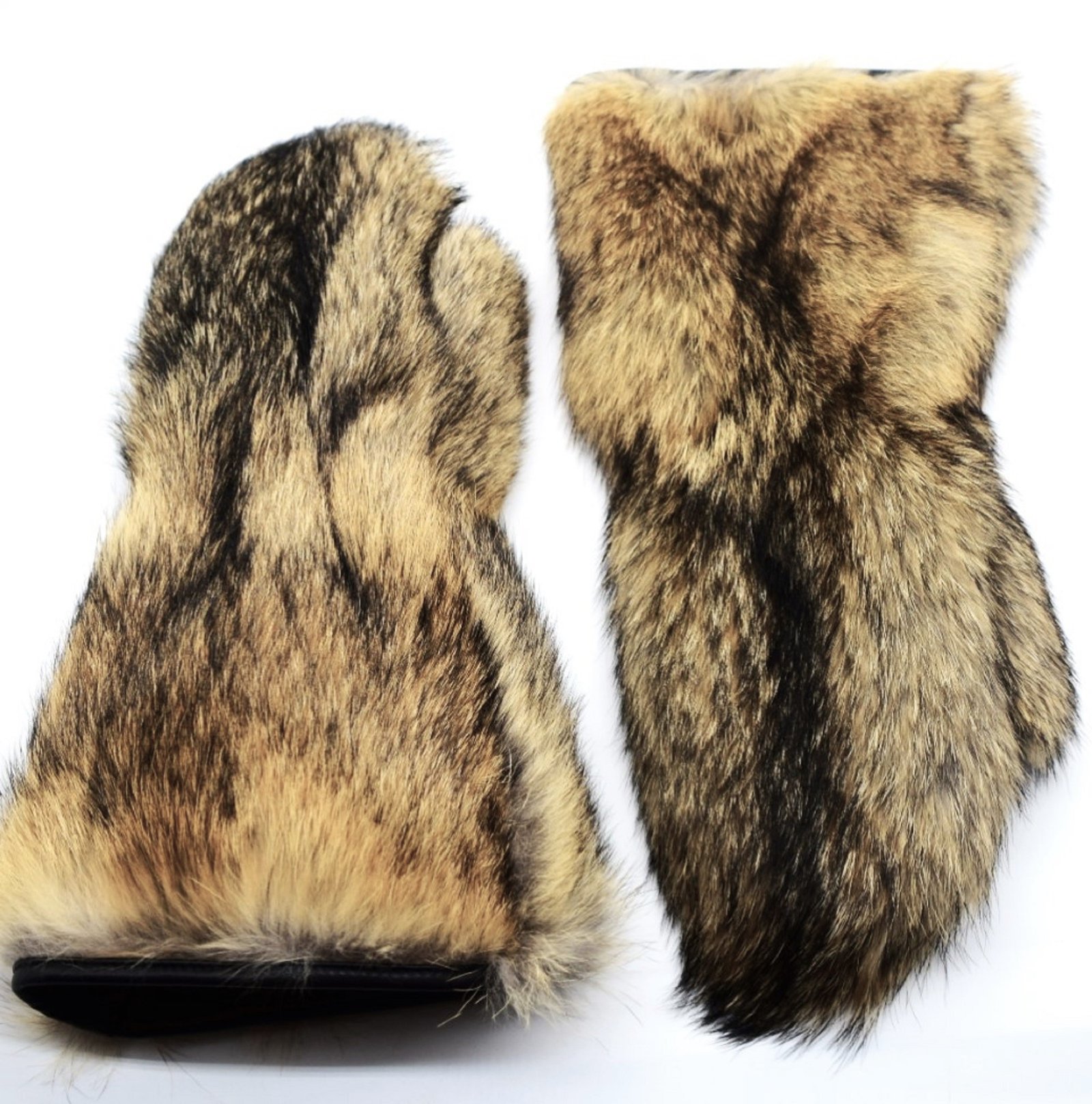 Long Coyote Fur Mittens with Leather Palms - Image 2
