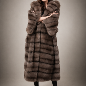 Luxury full-length Russian Barguzin sable fur coat with oversized hood handcrafted from genuine natural sable fur.