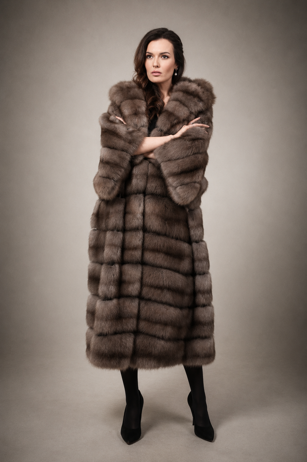 Luxury full-length Russian Barguzin sable fur coat with oversized hood handcrafted from genuine natural sable fur.