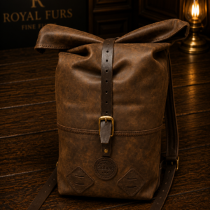 Handcrafted full-grain leather roll-top backpack with adjustable leather straps and vintage design.