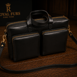Handcrafted full-grain leather business briefcase with dual front zip pockets and adjustable shoulder strap.