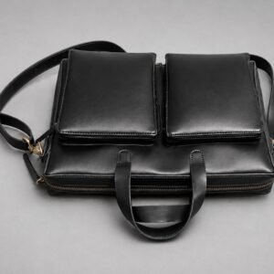 handcrafted-leather-briefcase Handcrafted full-grain leather business briefcase with dual front zip pockets and adjustable shoulder strap.