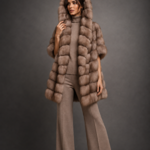 Luxury hooded Russian sable fur cape in natural light sable color with an oversized hood, handcrafted by Royal Furs.