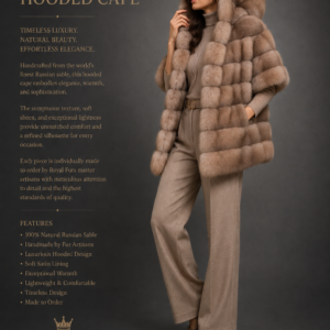luxury-hooded-russian-sable-fur-cape-royal-furs.png Luxury hooded Russian sable fur cape in natural light sable color with an oversized hood, handcrafted by Royal Furs.