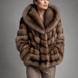 Luxury hooded Russian sable fur jacket for women in natural brown tones with premium handcrafted design by Royal Furs.