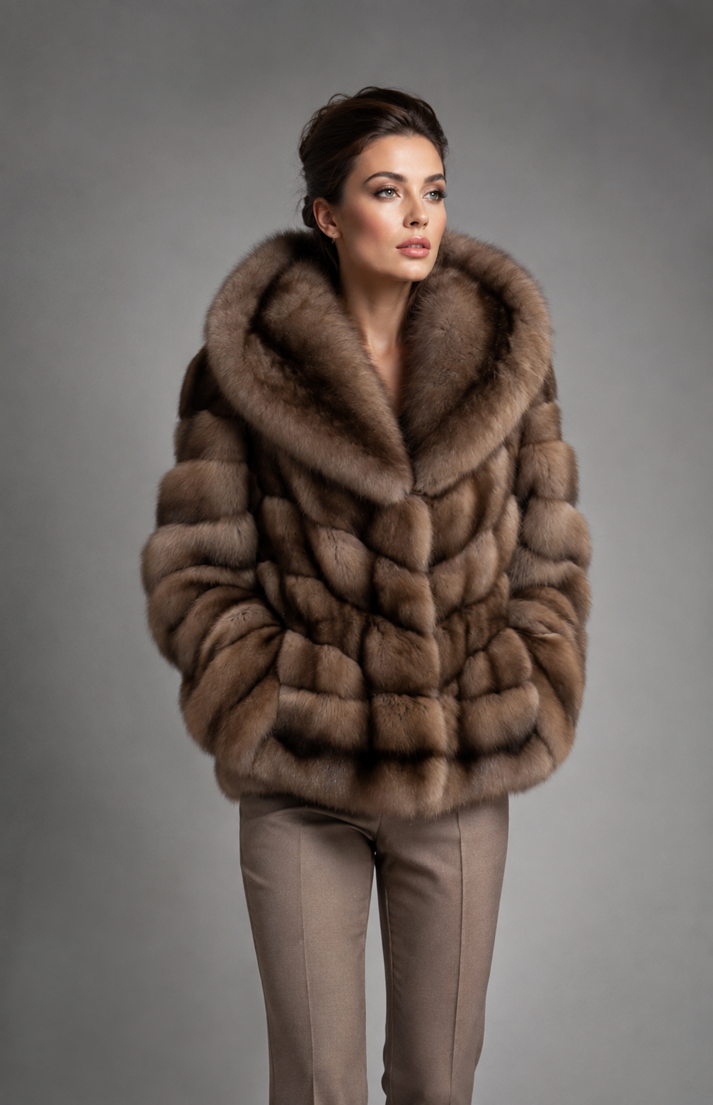 Luxury hooded Russian sable fur jacket for women in natural brown tones with premium handcrafted design by Royal Furs.