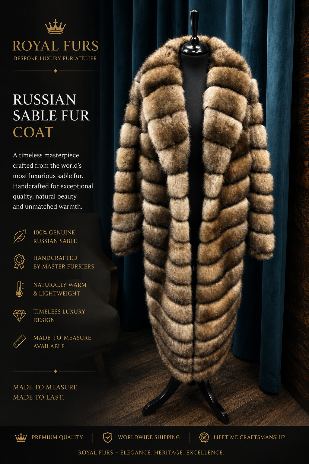 Luxury full-length Russian Barguzin sable fur coat handcrafted from premium natural sable with an elegant shawl collar.