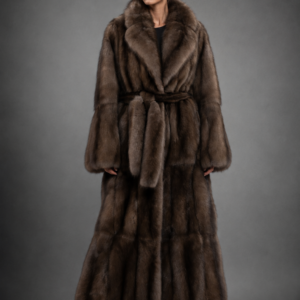 Luxury full-length Russian Barguzin sable fur coat with shawl collar and matching fur belt handcrafted by Royal Furs.