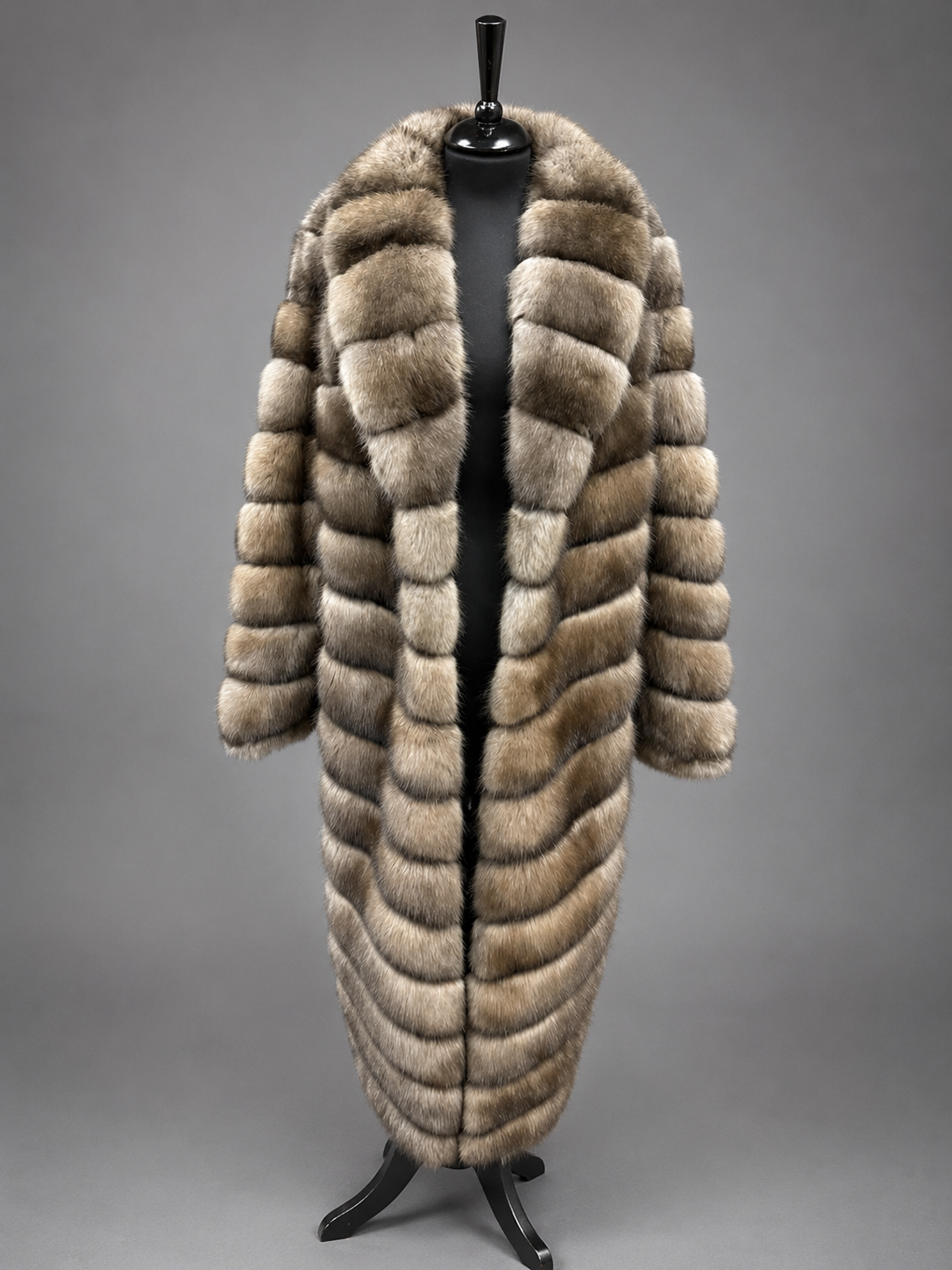 Luxury full-length Russian Barguzin sable fur coat handcrafted from premium natural sable with an elegant shawl collar.