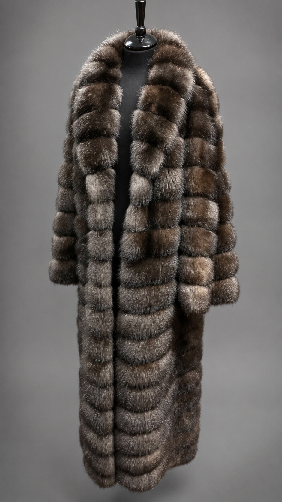 Luxury full-length Russian Barguzin sable fur coat handcrafted from premium natural sable with an elegant shawl collar.