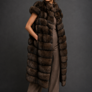 Luxury full-length Russian sable fur vest with a stand collar in natural dark sable color, handcrafted by Royal Furs.