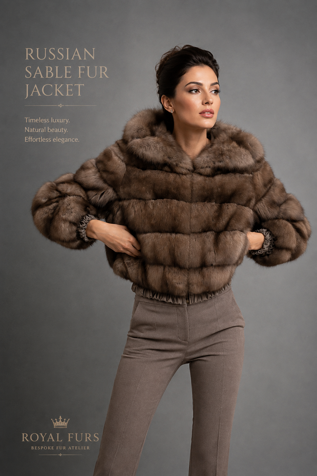 Luxury Russian sable fur bomber jacket with hood in natural brown fur, handcrafted by Royal Furs.
