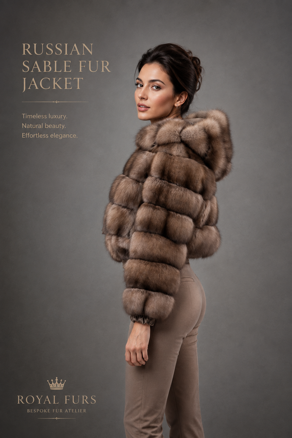 Luxury Russian sable fur bomber jacket with hood in natural brown fur, handcrafted by Royal Furs.