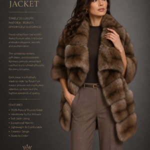 Luxury Russian sable fur cape coat with elegant open-front design and three-quarter sleeves, handcrafted by Royal Furs.