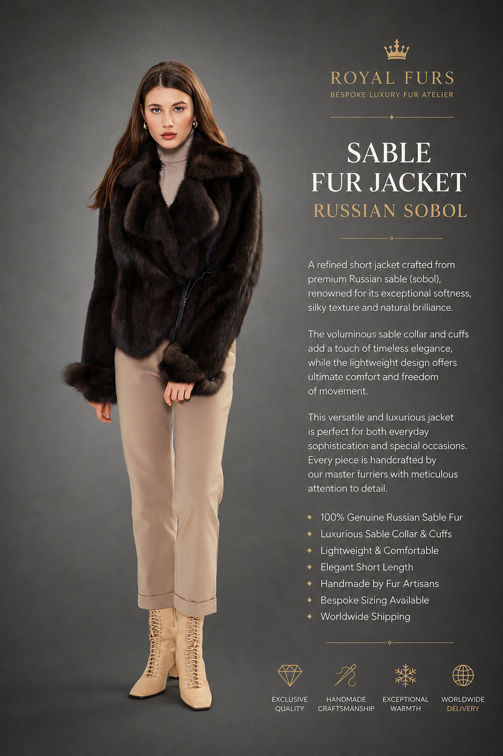 Luxury Russian Sable Fur Jacket with elegant horizontal design handcrafted from natural Russian sable by ROYAL FURS