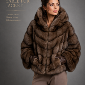 Luxury Russian sable fur jacket with oversized hood in natural brown fur, handcrafted by Royal Furs.