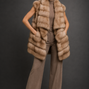 Luxury Russian sable fur vest with an elegant stand collar in natural light sable color, handcrafted by Royal Furs.