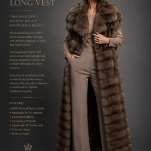 Luxury full-length Russian sable fur vest with oversized shawl collar in natural brown sable, handcrafted by Royal Furs.