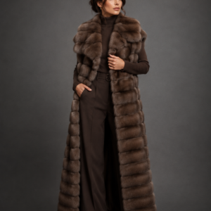 Luxury full-length Russian sable fur vest with oversized shawl collar in natural brown sable, handcrafted by Royal Furs.