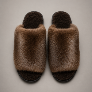 Handmade natural beaver fur slippers with genuine sheepskin insole - luxury home slippers by Royal Furs
