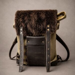 Handcrafted beaver fur waxed canvas backpack with leather trim
