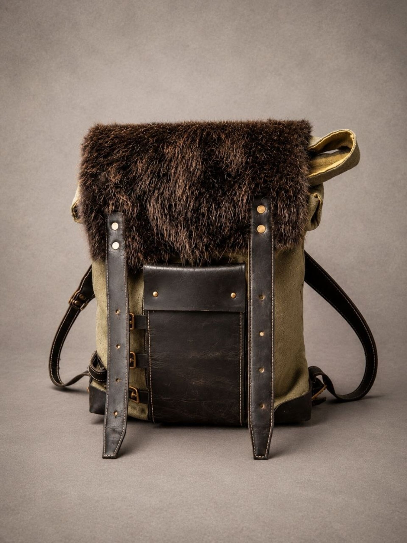 Handcrafted beaver fur waxed canvas backpack with leather trim