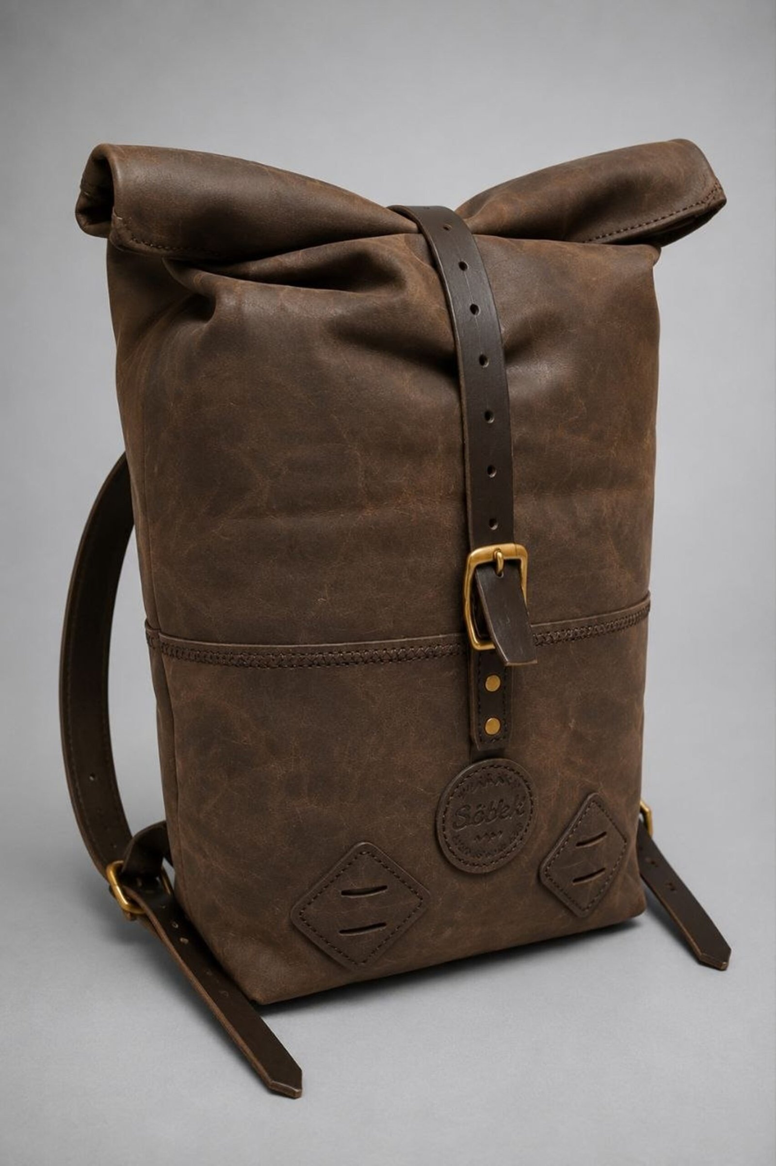 Handcrafted full grain leather roll top backpack vintage travel backpack