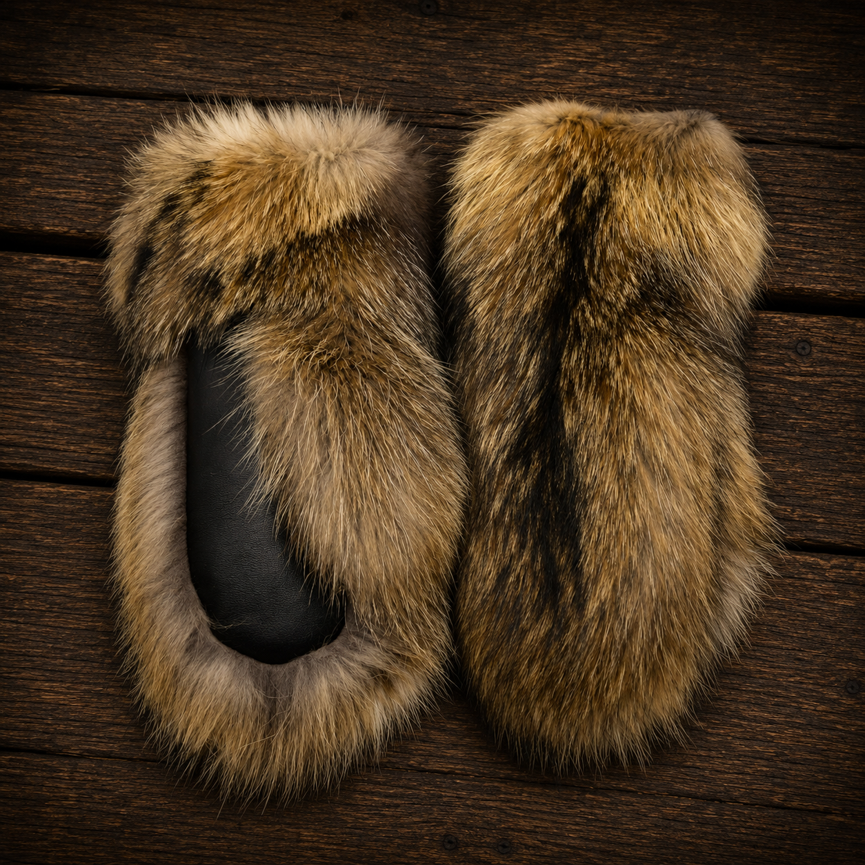 Handcrafted Finnish raccoon fur mittens with natural golden-brown fur and soft black lining, luxury winter accessory.