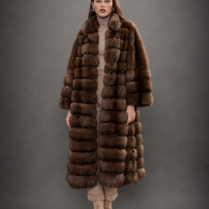 Luxury Russian Barguzin Sable Fur Coat in rich chocolate brown color with stand collar, handcrafted from premium genuine sable fur