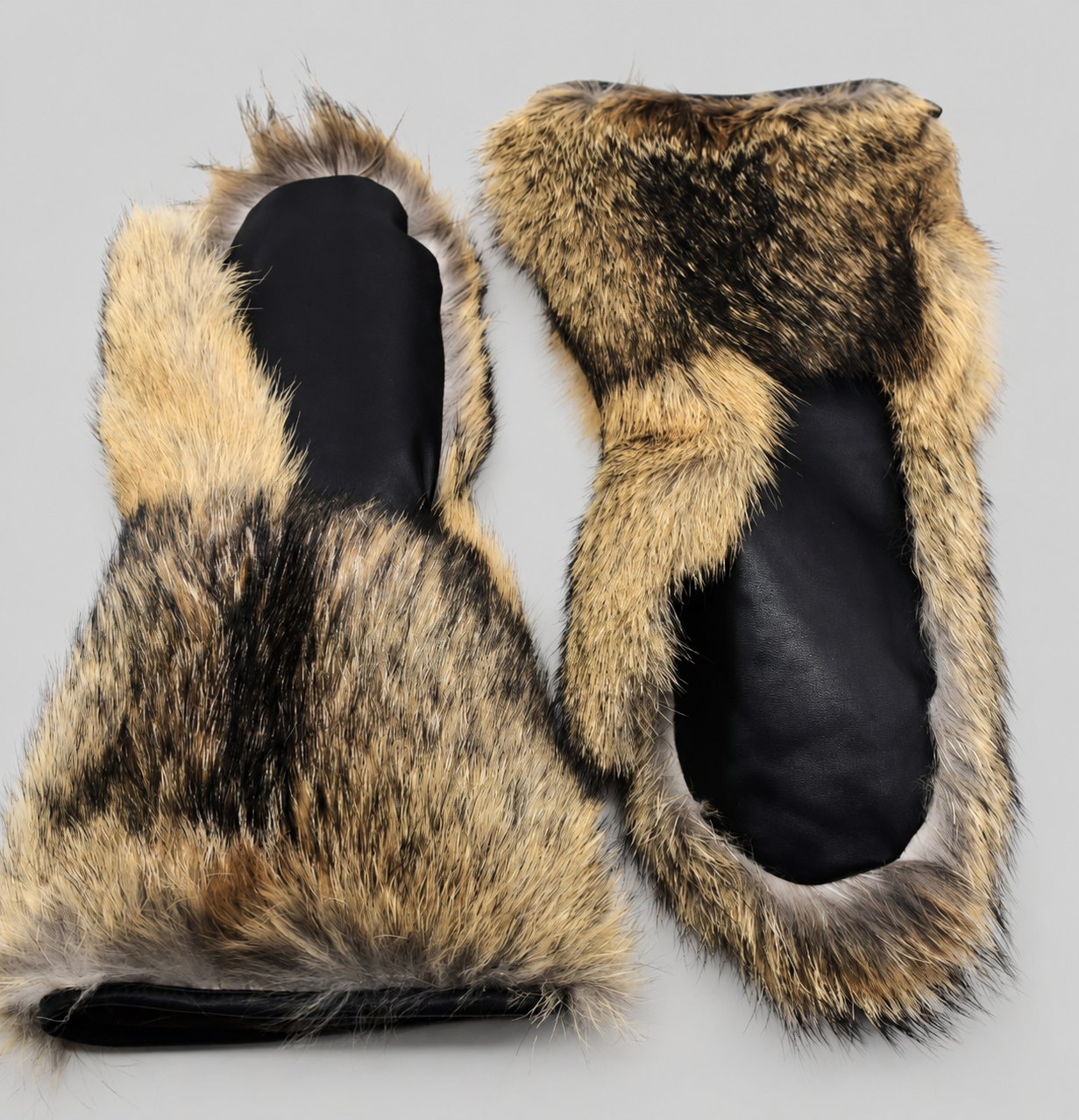 Long Coyote Fur Mittens with Leather Palms handcrafted by ROYAL FURS