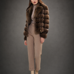 Luxury Russian sable bomber jacket with shawl collar on elegant gray studio background by Royal Furs