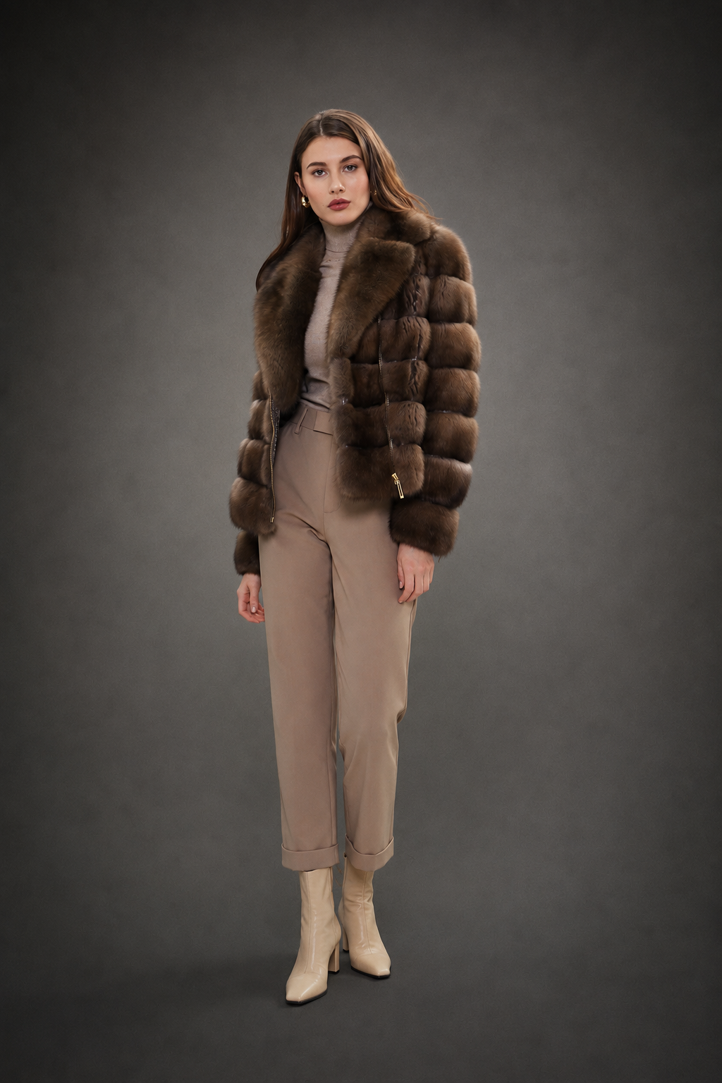Luxury Russian sable bomber jacket with shawl collar on elegant gray studio background by Royal Furs