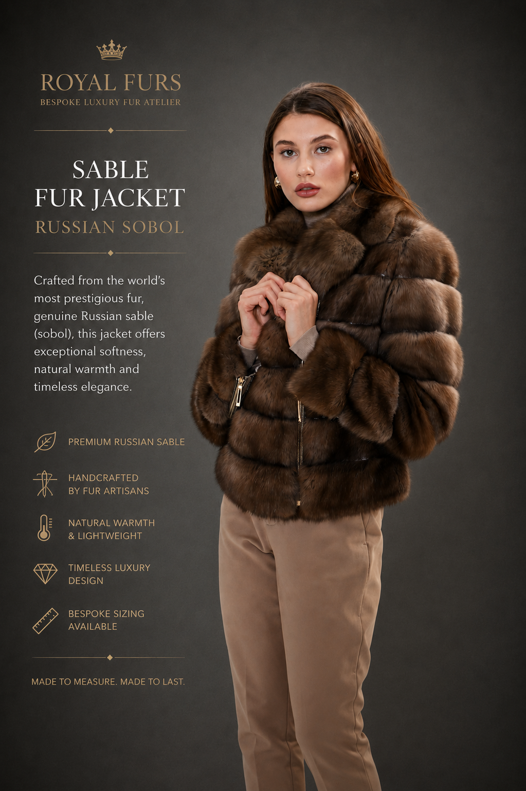 Luxury Russian sable bomber jacket with shawl collar on elegant gray studio background by Royal Furs