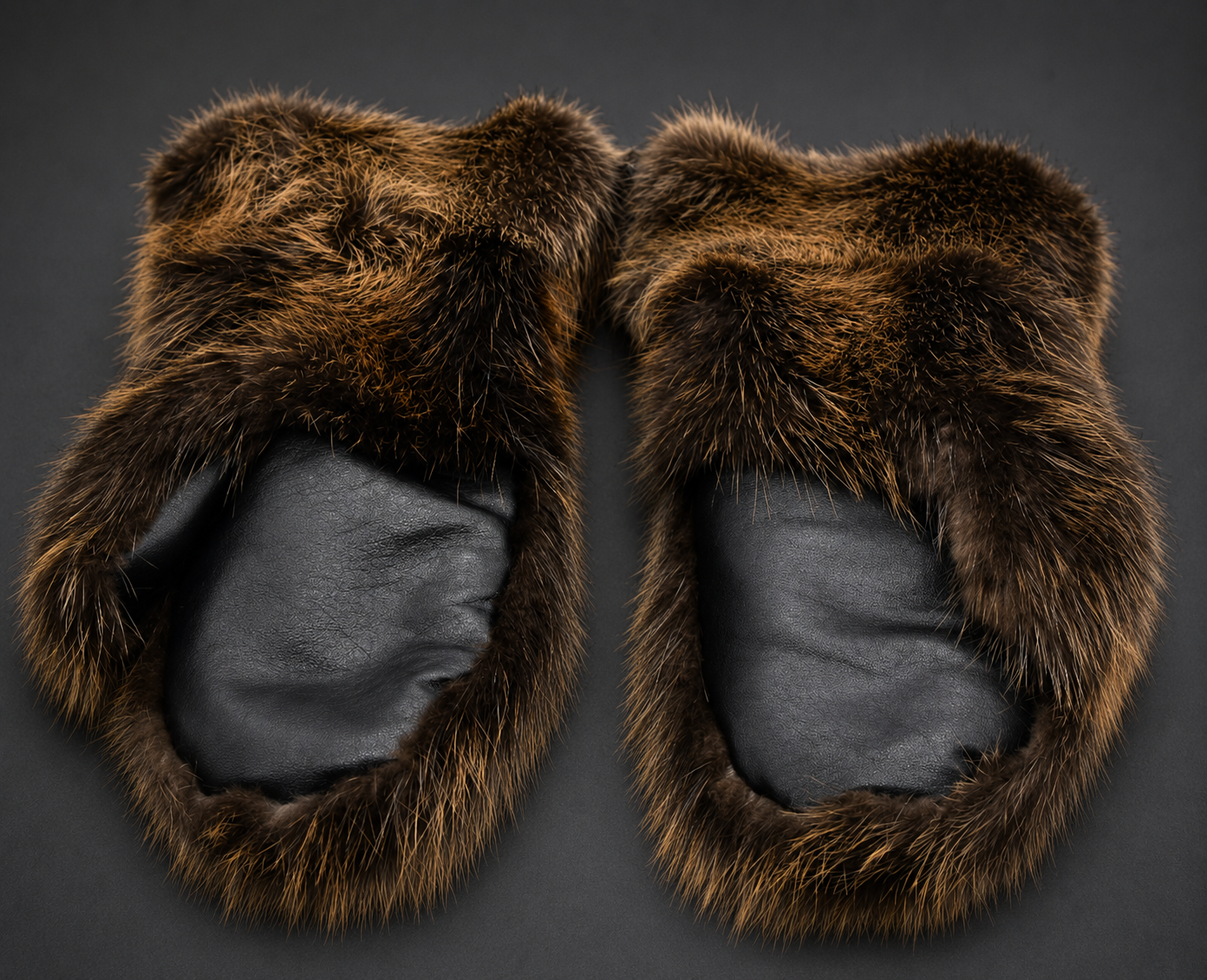 Long Beaver Fur Mittens with genuine leather palm handcrafted from premium natural beaver fur for exceptional warmth and durability.