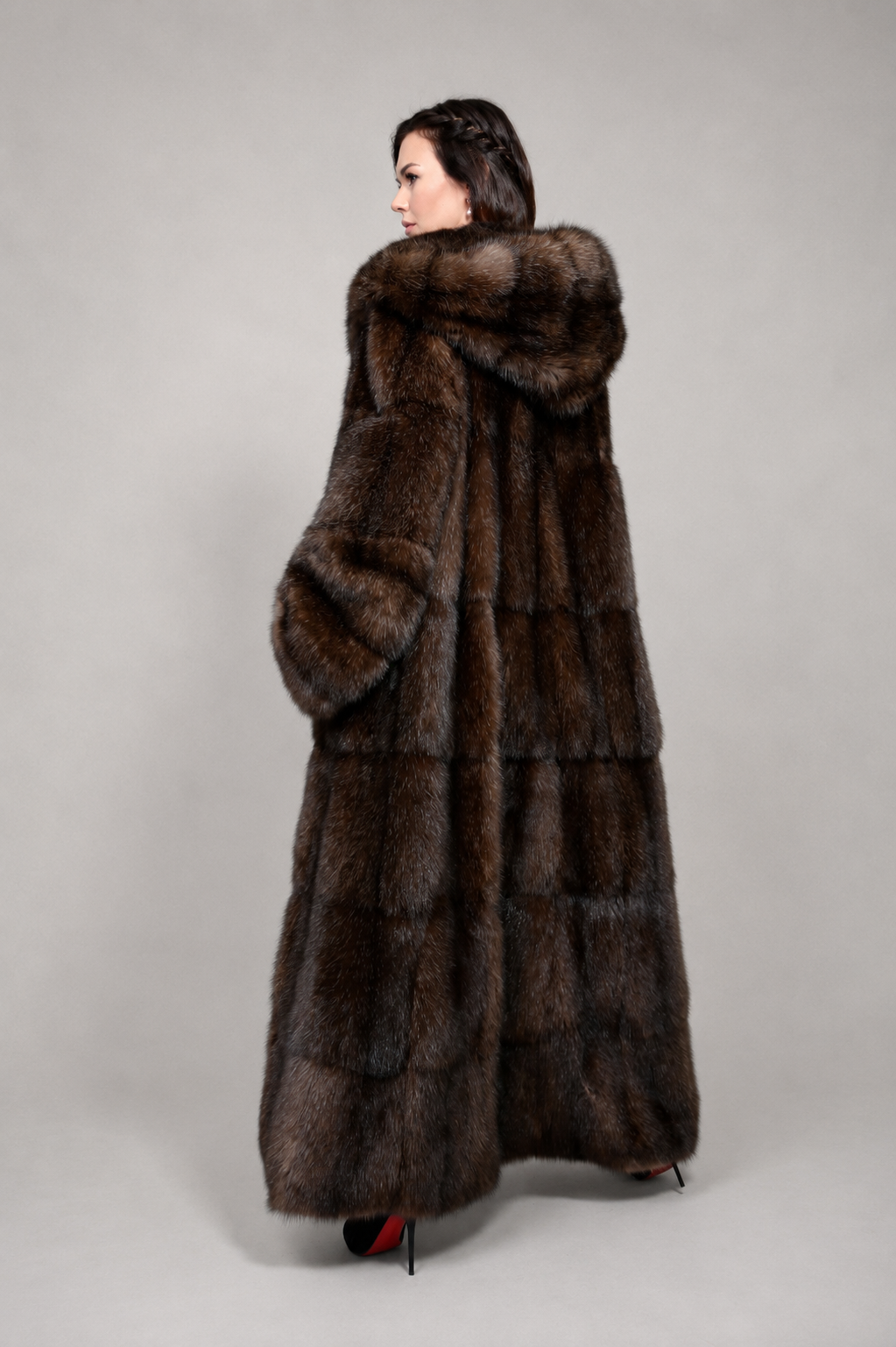Handcrafted full-length Russian Barguzin sable fur coat with hood made from premium natural sable fur.