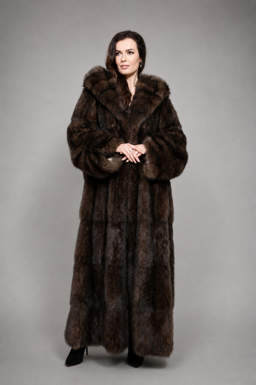 Handcrafted full-length Russian Barguzin sable fur coat with hood made from premium natural sable fur.