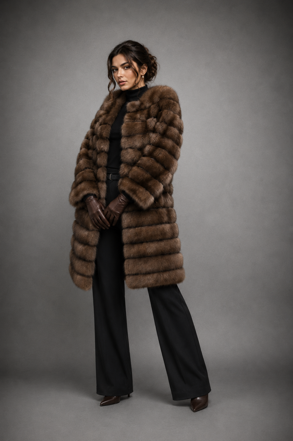 Luxury Russian Barguzin sable fur coat handcrafted from premium natural sable with an elegant knee-length silhouette.