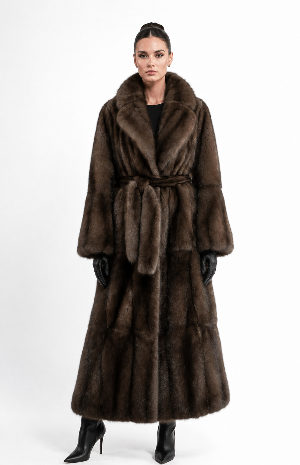 Luxury Russian Barguzin Sable Fur Coat with Belt handcrafted from premium natural Barguzin sable by ROYAL FURS