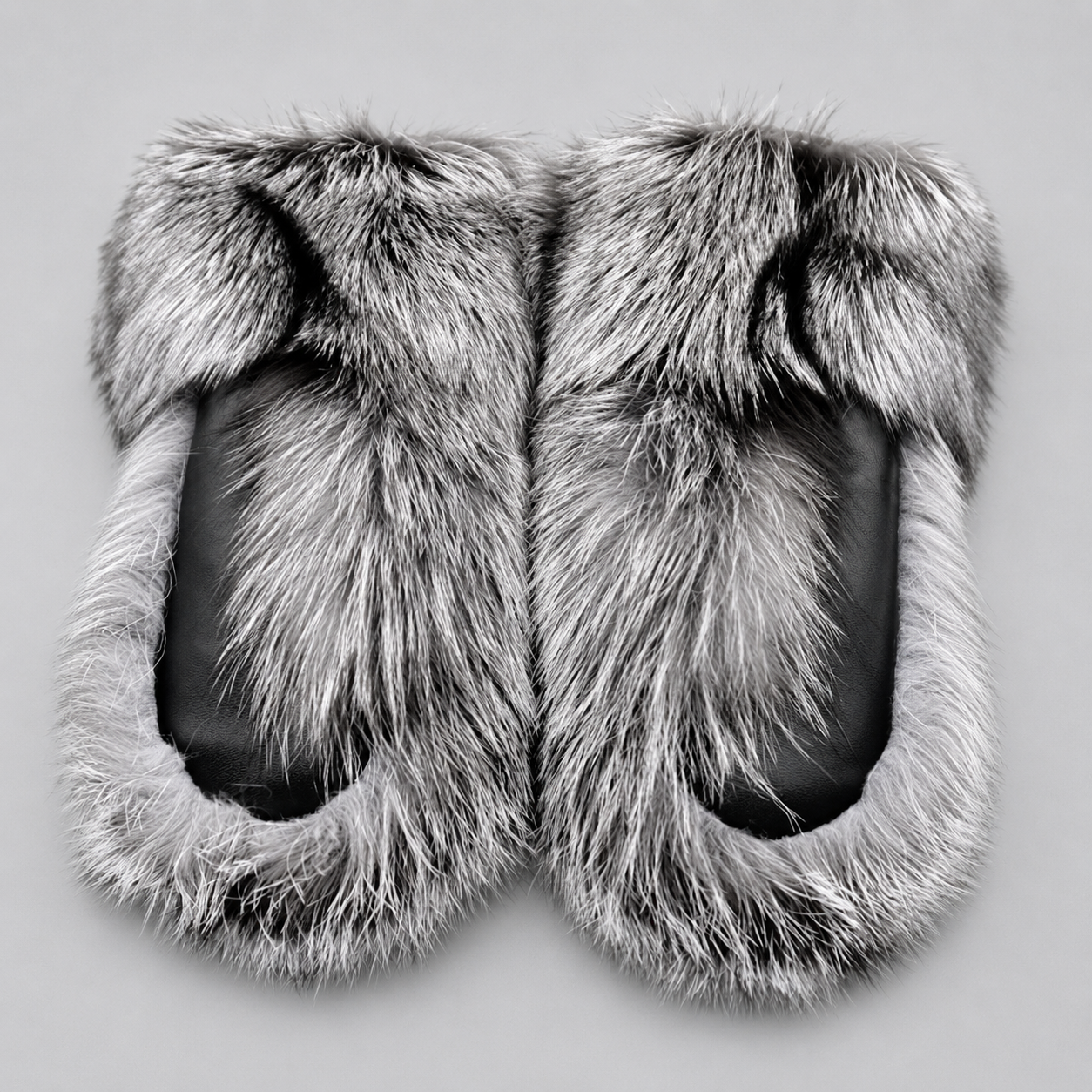 Long Silver Fox Fur Mittens with Leather Palms handcrafted by ROYAL FURS
