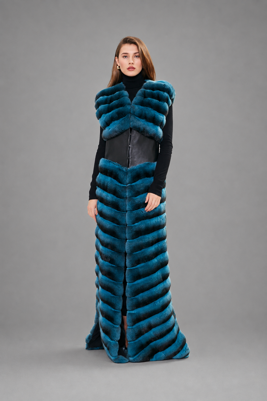 Luxury teal chinchilla fur vest full length by ROYAL FURS